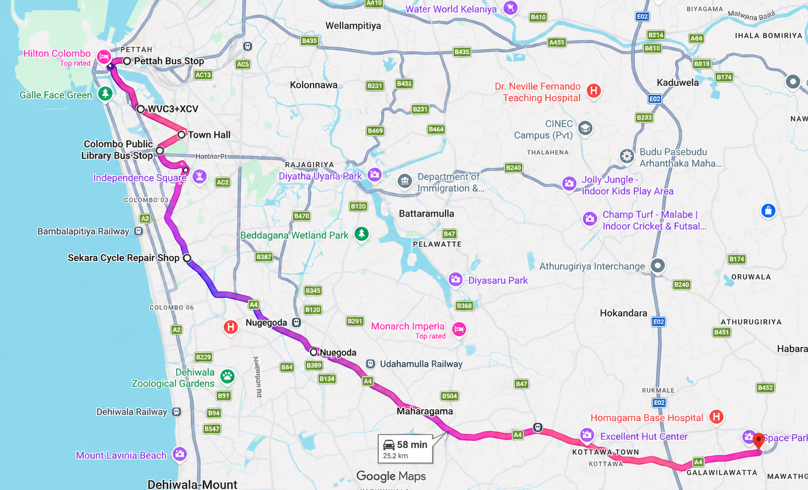 Map of Route 138 from Homagama to Pettah through Maharagama, Nugegoda, Town Hall — Colombo's busiest bus advertising corridor